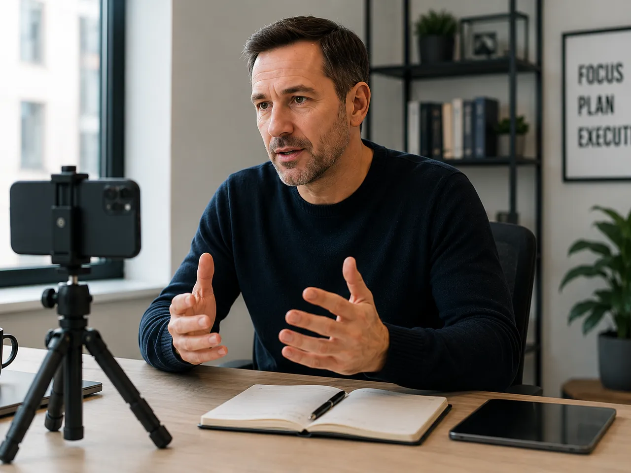 A business expert recording a video at his desk