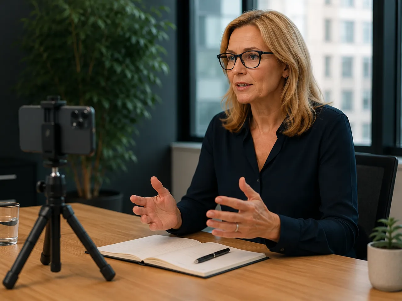 A business expert presenting to her phone camera