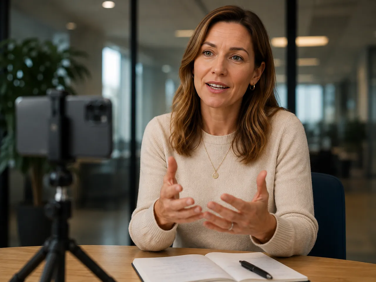 A business expert recording advice on her phone