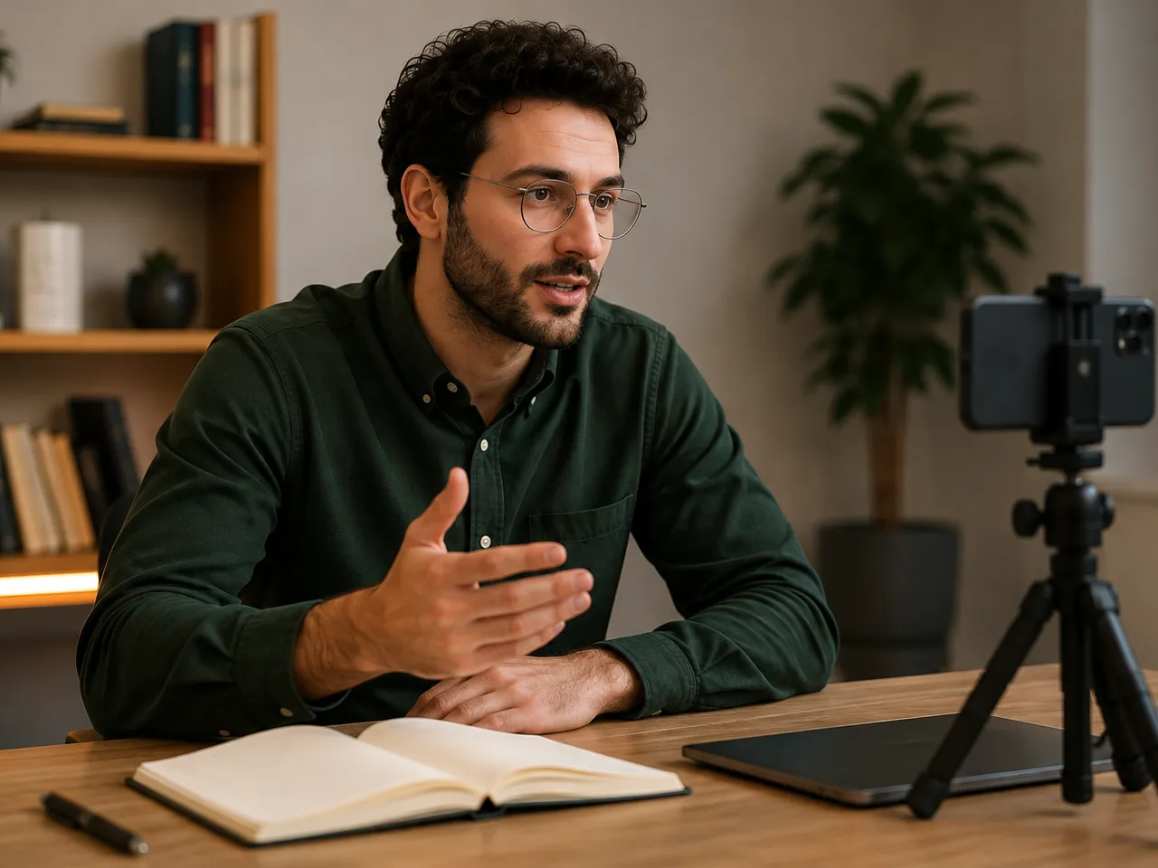 A business expert speaking confidently to his phone camera